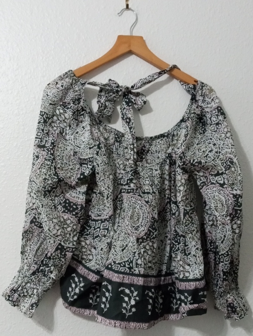 Cleobella Black & Ivory Paisley Tie-Back Peasant Blouse, Anna, NEW WITH TAGS - Picture 5 of 7